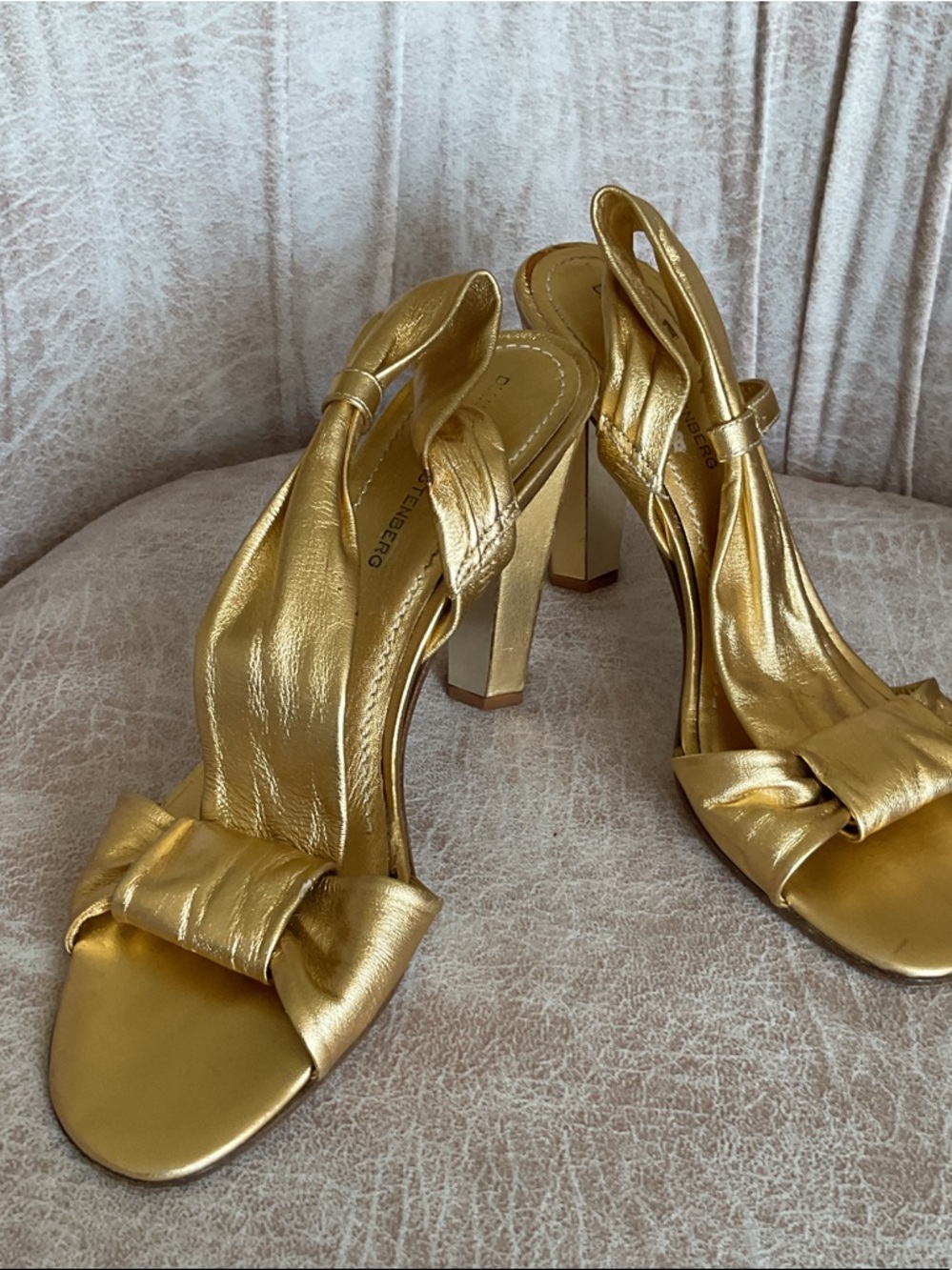 Diane Von Fürstenberg Gold Slingback Heels with Bow Accent